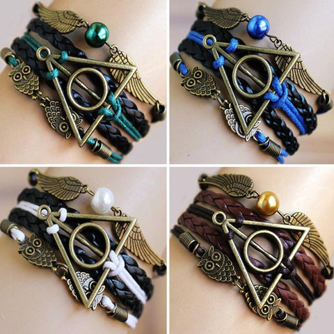 Pulsera Vintage de Búho de Múltiples Capas con el signo de Harry Potter de las Reliquias de la Muerte 