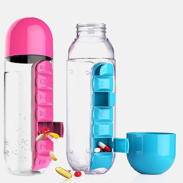 Botella de agua con pastillero Botella de bebida de plástico con caja de pastillas de medicina Viaje 7 días Organizador de medicamentos Contenedor para beber