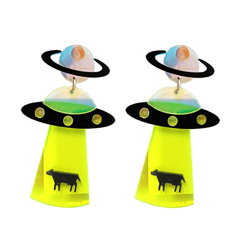 These unique earrings feature a unique 2D Alien Spaceship design crafted from acrylic material. With detailed features and a durable construction, these earrings are sure to last for years. They are lightweight and comfortable to wear, making them a perfect choice for long days and nights. Perfect for the intergalactic traveler in your life.