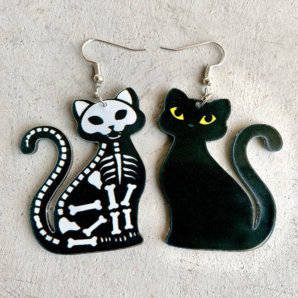 Skeleton Cat Kitten Kitty / Puppy Dog Acrylic Asymmetric Earrings