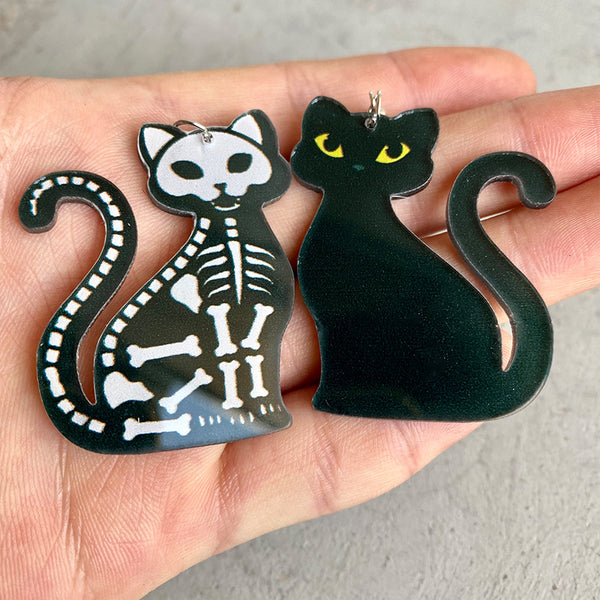 Skeleton Cat Kitten Kitty / Puppy Dog Acrylic Asymmetric Earrings