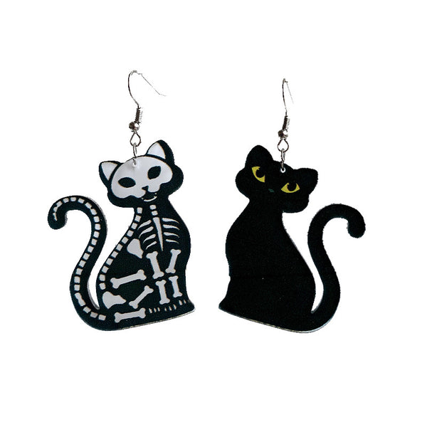 Skeleton Cat Kitten Kitty / Puppy Dog Acrylic Asymmetric Earrings