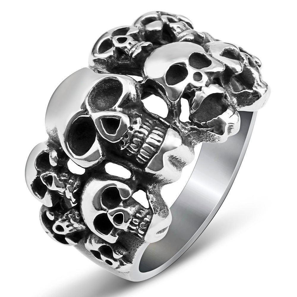 This Titanium Steel Skulls ring is a great choice for anyone looking for a stylish, durable accessory. It is crafted from titanium steel for superior strength and enhanced resistance against water and rust. The striking design features multiple gleaming skulls for a unique, eye-catching look.