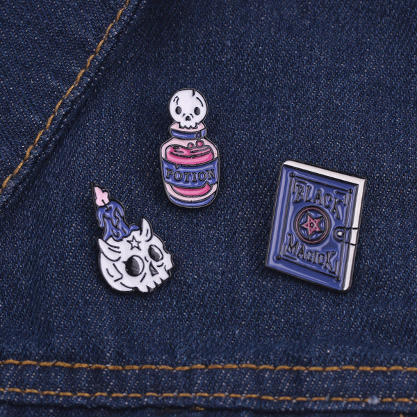 Cartoon Witch Witchcraft Skull Brooch Potion Skull And Candle Skull Punk Brooch
